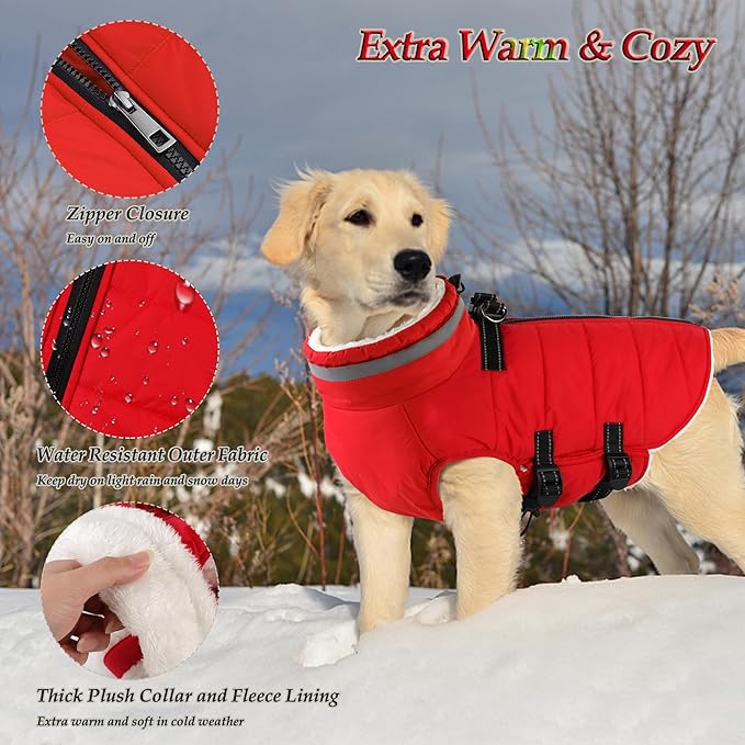 Dogcheer Dog Coat with Harness, Waterproof Dog Jacket Adjustable Pet Winter Coat with Zipper, Christmas Puppy Snow Jacket Fleece Sweater for Small Medium Large Dogs - Red S