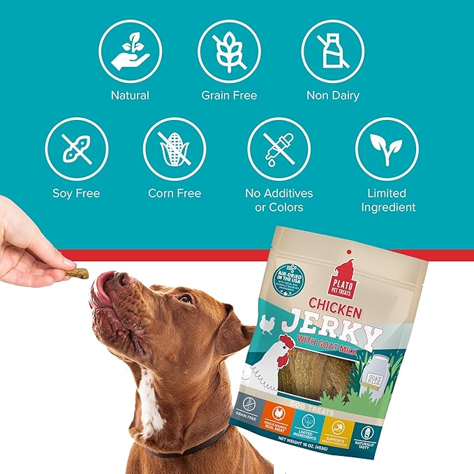 PLATO Pet Treats Dog Treats - Air-Dried Jerky - Delicious, Real Meat - Grain Free - Supports Healthy Digestion - Chicken with Goat Milk 7oz