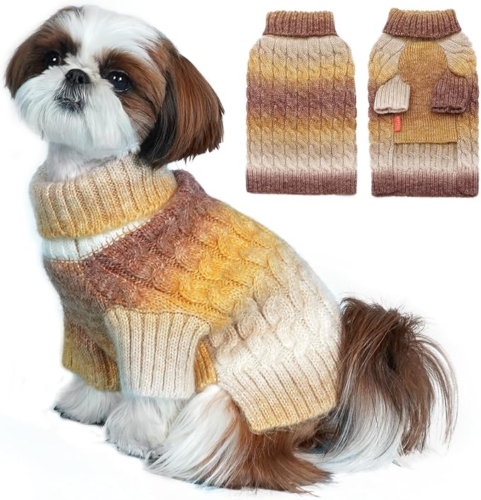 KYEESE Dog Sweater for Small Dogs Thick Dog Knitwear Turtleneck Warm with Sleeves Fuzzy Dogs Clothes Gradient Color, Brown, Medium