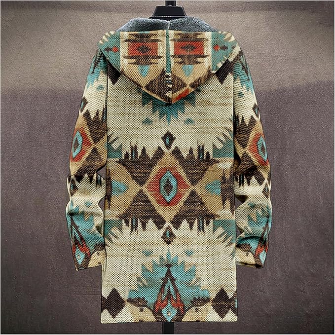 Mens Aztec Print Hoodie Heavyweight Cotton Fleece Jacket Zip Up Warm Long Sleeve Hooded Winter Midi Coat