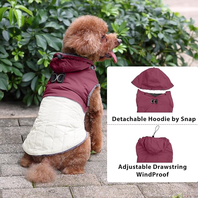 Detachable Hooded Dog Coat with Harness for Large Dogs,Super Warm Fleece Puppy Jacket for Cold Winter Doggie Coats,Red XXXL