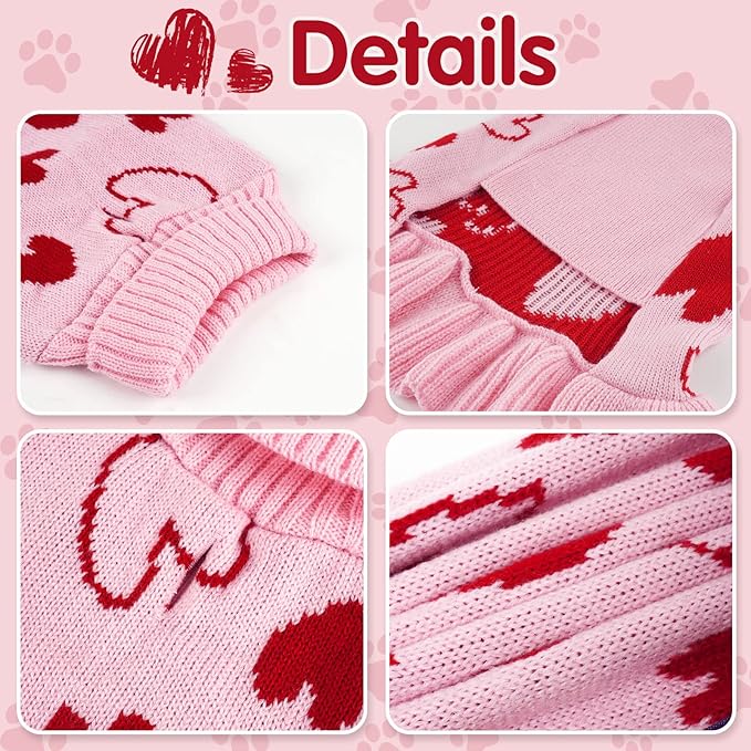 cyeollo Dog Sweaters Dress Valentines Day Dog Clothes Pullover Turtleneck with Leash Hole Heart Pattern Holiday Theme Female Pet Apparel Sweaters for Small Dogs