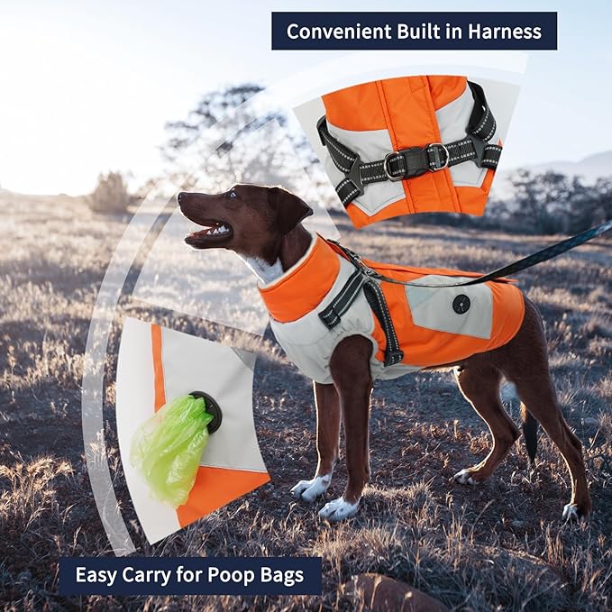 IECOii Dog Winter Coat Waterproof - Orange, Medium - Dog Coat with Harness Built in for Medium Dogs, Thermal Warm Fleece Lined with Zip Up Cold Weather Jacket,Reflective Snowsuit for Outdoor Hiking