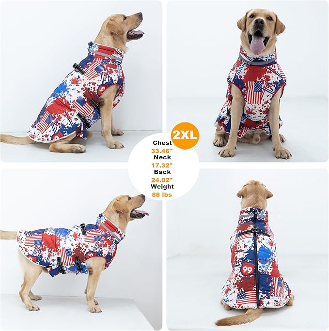 Dog Coat with Harness Built-in, Waterproof Reflective Fleece Lined - Warm Windproof Winter Jacket with Back Zipper, Cold Weather Snow Dog Coats - American Flag - L