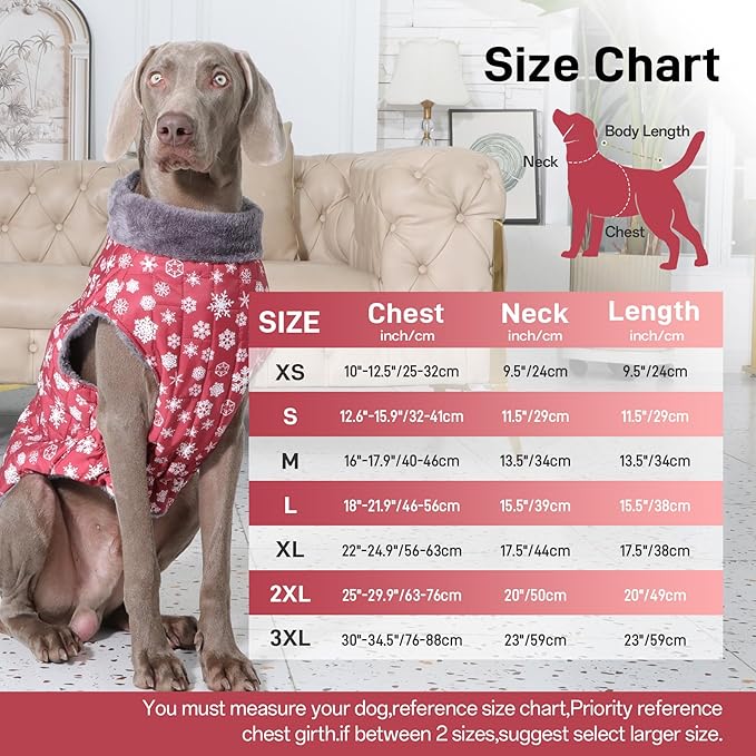 Warm Fleece Dog Coats with Durable Harness Buitl in D-Ring,Waterproof Puppy Jacket for Small Dogs,Dog Vest for Cold Winter,Red,Snow Pattern S