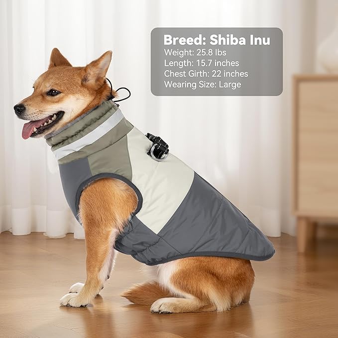 Dog Coat, Waterproof Dog Winter Jacket with Harness Built in, Turtleneck Warm Doggie Cold Weather Coats, Reflective Pet Vest for Indoor & Outdoor, Windproof Dogs Snowsuit, Grey Large