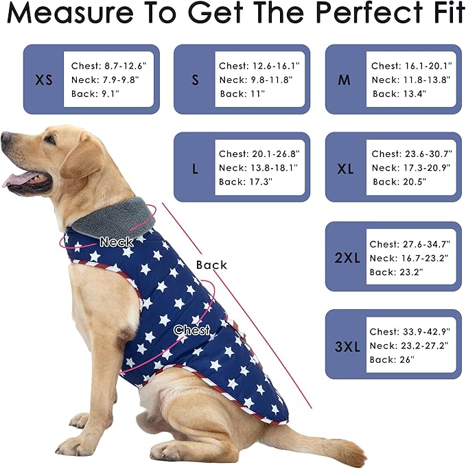 Dog Coat, Waterproof Dog Winter Jacket with Pocket, Reflective Adjustable Pet Snow Vest, Warm Cozy Fleece Sweater for Small Medium Extra Large Dogs - American Flag, 2XL