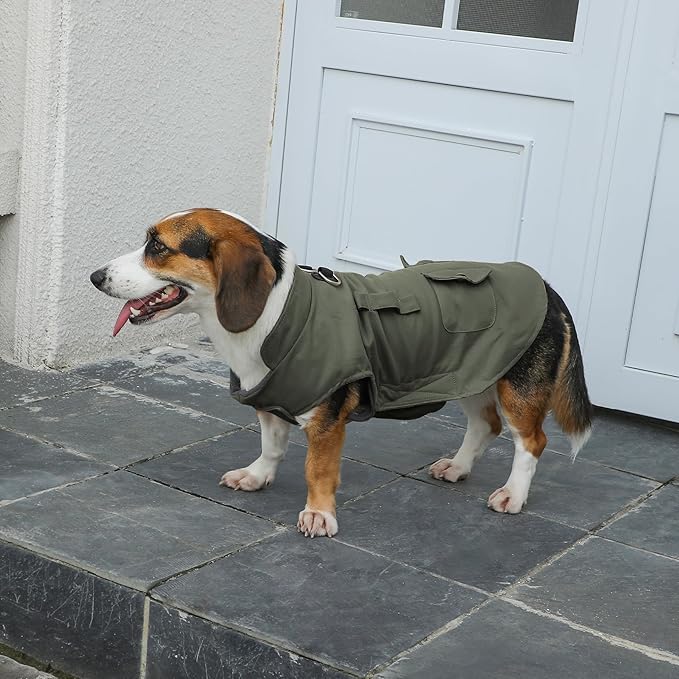 Workwear Style Dog Coats with Harness Built in for Small Dogs Windproof Warm Puppy Jacket with Storage Pockets for Cold Winter,Green XXXL