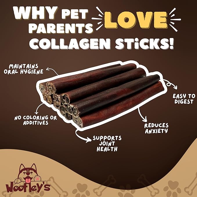 Woofley's 6 Inch Collagen Sticks for Dogs (10 Count) Bully Stick Rawhide Alternative Dog Chews No Hide Bones for Medium & Large Dogs