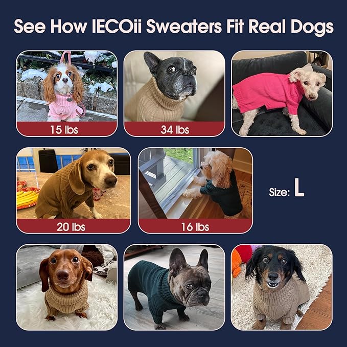 IECOii Dog Sweaters for Medium Dogs Girl Boy,Holiday Knit Doggy Sweatshirt with Sleeve,Turtleneck Thick Warm Dog Sweaters for Winter,Pullover Knitwear for French Bulldog,Boston Terrier (Grey, L)