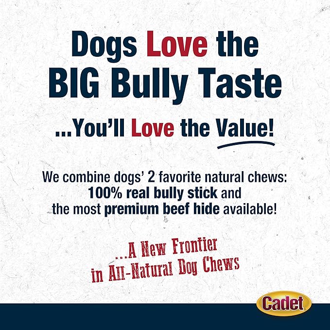 Cadet Bully Hide Sticks for Large Dogs – All-Natural Beef Pizzle, High Protein, Low Fat, Long-Lasting, Grain & Rawhide-Free Dog Chews for Aggressive Chewers, Large (8 Count)