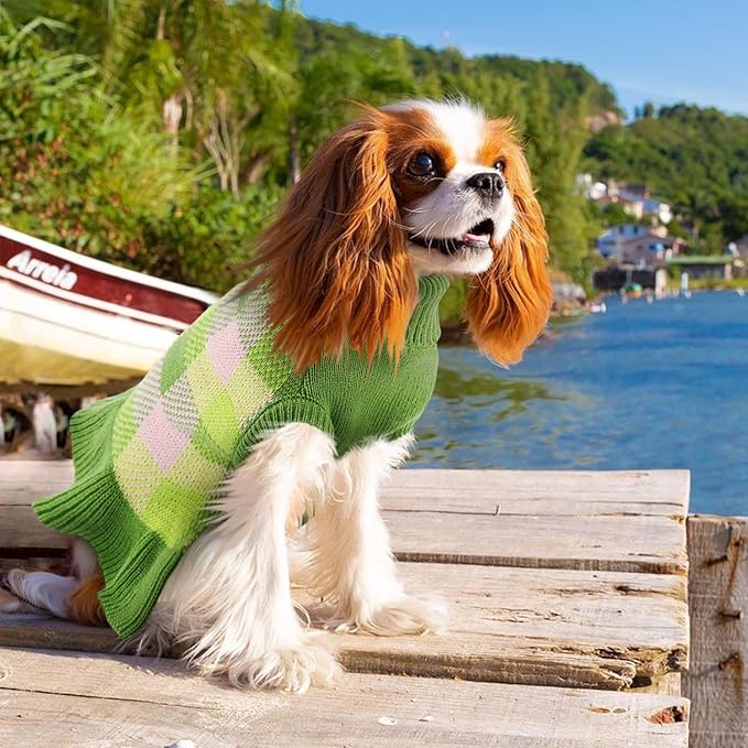 Dog Sweater Dress Plaid Knitwear for Small Medium Dogs Warm Puppy Pet Turtleneck Stretch Pullover Cute Fall Winter Vest Clothes with Leash Hole for Christmas (Green, L)