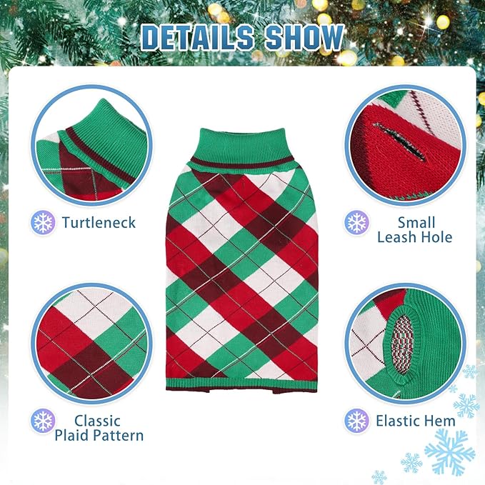 KOOLTAIL Dog Sweaters - Knitted Plaid Turtleneck Fleece with Leash Hole, Warm Clothing for Small, Medium & Large Dogs & Cats