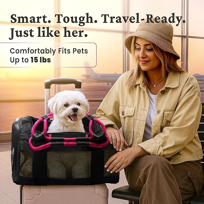 | TSA Airline Approved |Soft Sided Pet Carrier | Cat Carrier | Dog Carrier| Pets Up to 15 lbs | Leash & Luggage Strap | Black with Pink Handle