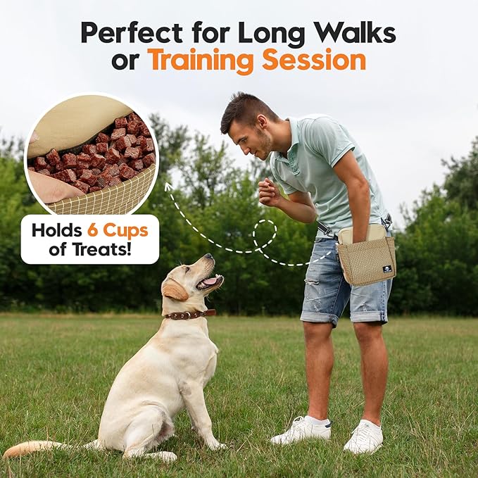 Large Capacity Dog Treat Pouch –Training Treat Bag with Magnetic Pocket, Built-in Poop Bag Holder, Clicker & Collapsible Bowl, Hands-Free Dog Walking Bag for Walking & Puppy Training - Khaki