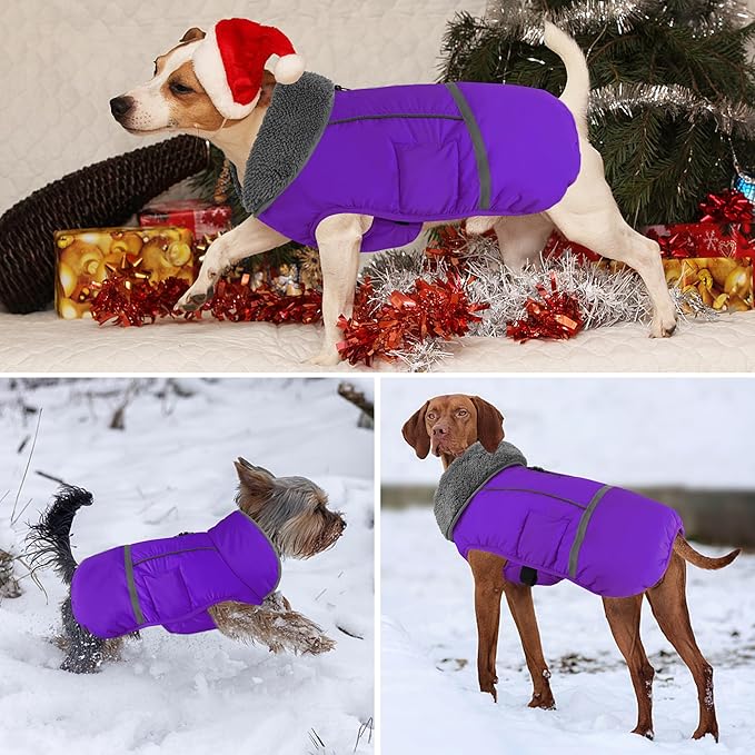 Dogcheer Warm Dog Coat, Christmas Dog Jacket Waterproof Puppy Winter Coat with Buckles, Reflective Adjustable Pet Snow Jacket Turtleneck Fleece Sweater for Small Medium Large Dogs - Purple, S