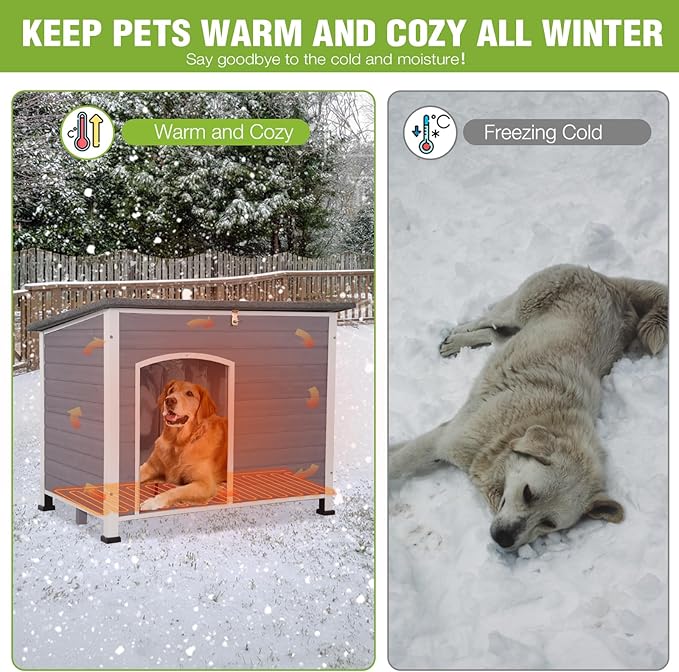 GUTINNEEN Extra Large Heated Dog House Outdoor Weatherproof Insulated Dog House XL Dog Kennel with Thermostat-Controlled Heating Pad, Thermal Liner, Chew-Proof Metal Frame for Large Dogs (Grey)