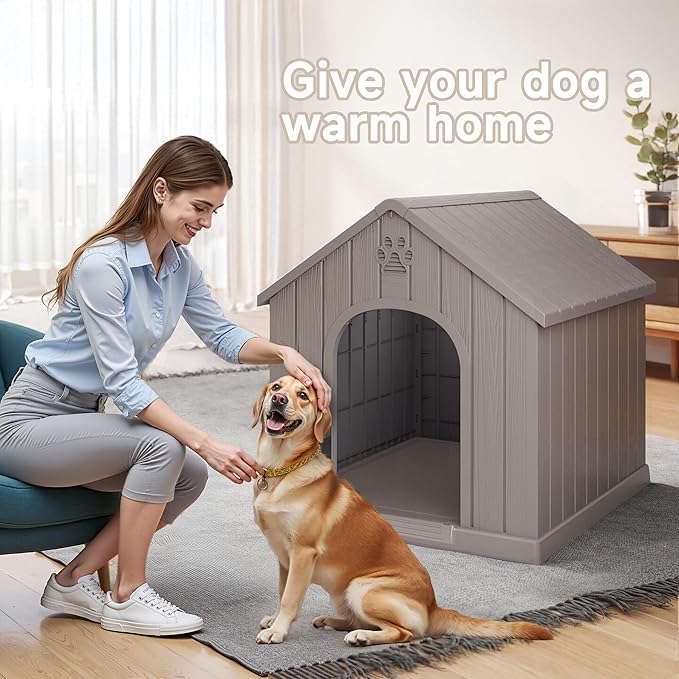 DRATO Indoor Outdoor Waterproof Dog House,PP Material,Puppy Shelter with Air Vents and Elevated Floor,Sturdy Dog Kennel for Small to Large Sized Dogs, Easy to Assemble (Gray, 38.62×36.26×38.07 Inches)