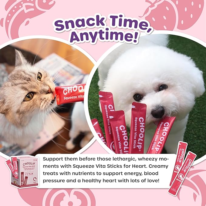 Choolip Squeeze Vita Stick Lickable Cat Treats & Dog Puree – 49-Count Heart Support Tubes, Creamy Grain-Free High-Protein Puree with Omega 3, Taurine, L-Carnitine & CoQ10 for Healthy Heart & Energy