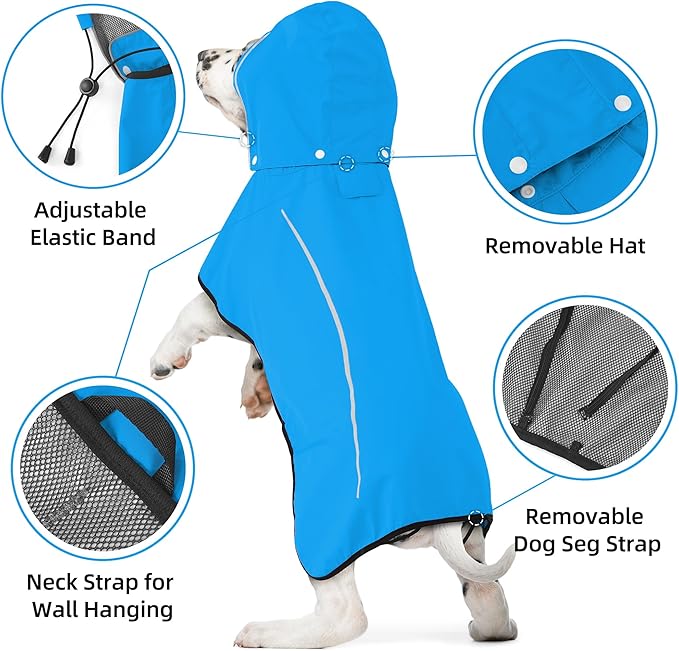 Mile High Life Dog Raincoat, Adjustable Waterproof Pet Rain Jacket, Reflective Hooded Poncho for Small Medium Large Dogs, Lightweight Breathable Pet Rain Coat (Blue,S Chest 18"-22")