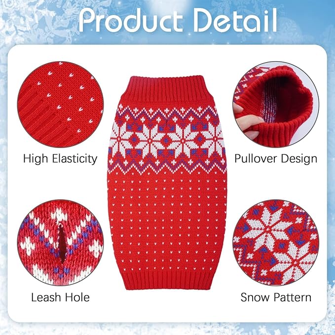 Kuoser Dog Sweater, Holiday Christmas Snowflake Pet Warm Knitwear Dog Sweaters Soft Puppy Clothing, Doggie Turtleneck Cold Weather Outfit Pullover for Small Medium Large Dogs Cats, Red XL