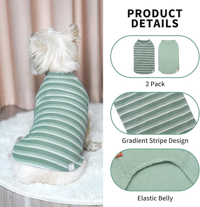 KYEESE 2Pack Waffle Dog Shirts for Small Dogs Stretchy Dog T-Shirts Lightweight Pet Tank Top Sleeveless Striped Dogs Shrit Vest Breathable, Large, Green+Striped