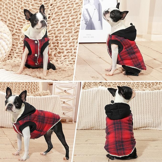 Fleece Lining Dog Hoodie for Large Dogs Extra Warm Plaid Sweater with Drawstring Hooded Coats in Winter Doggie Jacket,Red XXXL