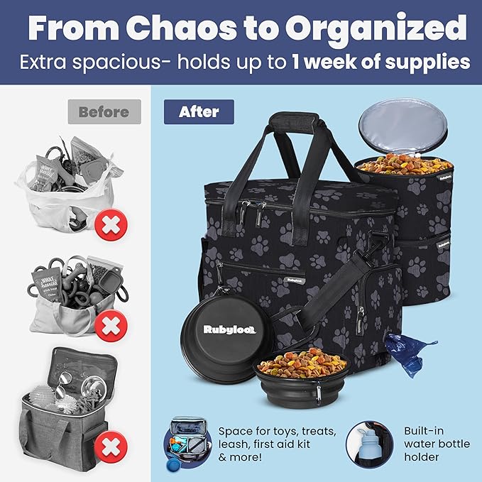 The Original Doggy Bag™ - Complete Dog Travel Bag for Supplies with 2 BPA-Free Travel Dog Bowls & 2 Pet Food Containers - Traveling Kit for Road Trips, Camping, Weekend Away or Doggy Gift - Paw Print