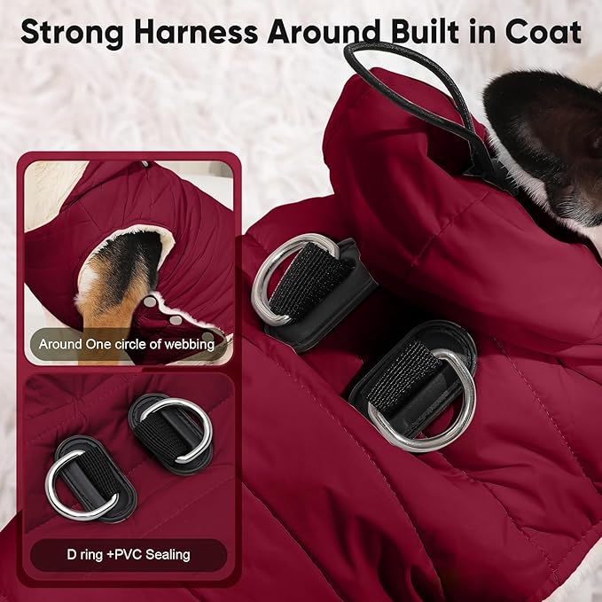Fleece Lining Dog Hoodie with Harness Built in,Extra Warm Large Dog Jacket in Winter Doggie Coats with Drawstring Hooded,Red XXL
