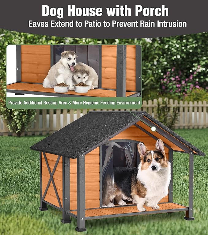 Dog House Outdoor with Porch, Anti-Chewing Iron Frame, Weatherproof Large Wooden Dog Kennel Outside with Openable Roof & Removable Floor, Elevated Base & PVC Curtain