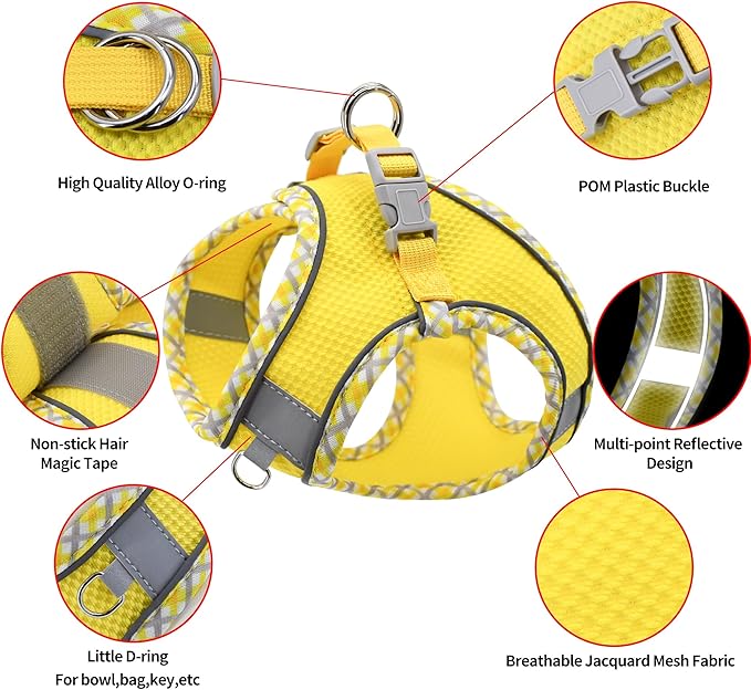 AIITLE Teacup Puppy Harness with Leash - Adjustable Soft Vest with Magic Magic Tape & Reflective Safety Strips, Easy-Put-On for Poodles, Pomeranians - Gym, Hiking, Travel (Yellow, S)