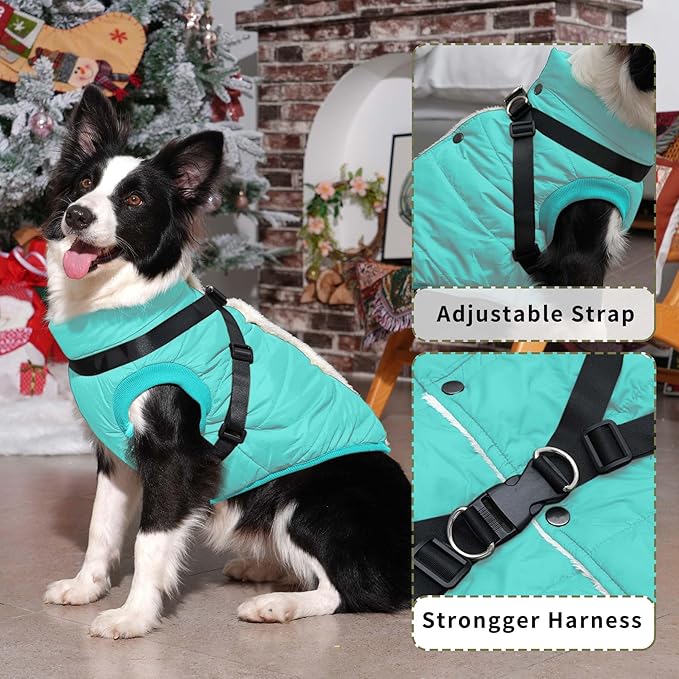 Dog Jacket with Harness,Fleece Lined Warm Puppy Coat for Winter,Soft Windproof Small Dog Vest,Bluegreen M
