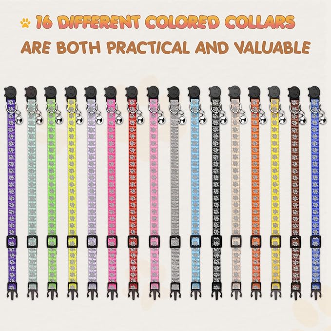 16 PCS Breakaway Cat Collars with Bells Reflective Cat Collar Safety Nylon Kitten Collars Cat Collars for Girl Boy Cats(6"-9")