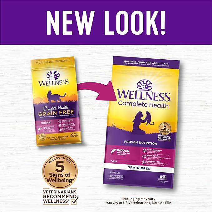 Wellness Complete Health Adult Dry Cat Food for Indoor Cats, Grain Free, Natural, Salmon and Herring Meal (11.5 Pound Bag)