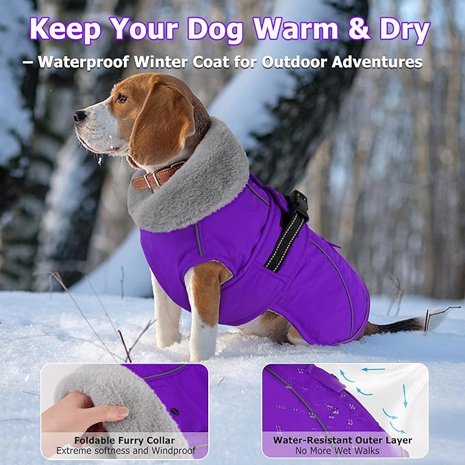 Dogcheer Dog Coat with Pocket, Waterproof Dog Jacket with Adjustable Buckle, Reflective Puppy Winter Coat Warm Turtleneck Fleece SnowJacket for Small Medium Large Dogs - Purple 2XL