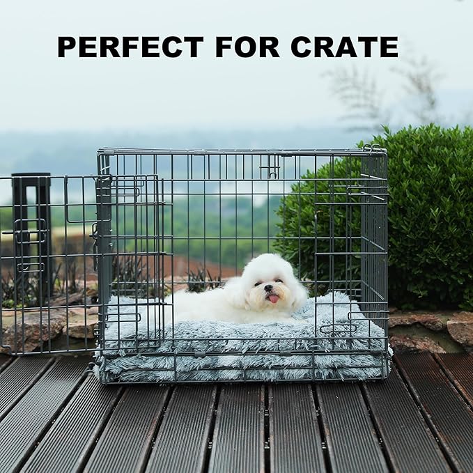 Bedfolks Waterproof Crate Bed, Plush Dog & Cat Bed with Removable Washable Cover, Faux Fur Kennel Pad, 21"x13", Dark Grey