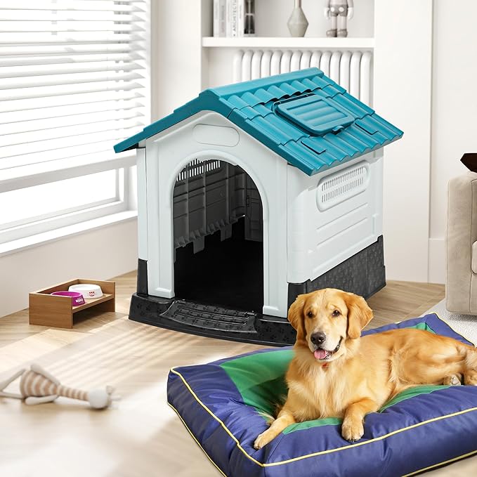 DWVO 41.3'' Plastic Foldable Dog House for Small, Medium, and Large Dogs, Waterproof Folding Pet House with Adjustable Top Window and Elevated Base (41.3''L x 34.6''W x 39''H)