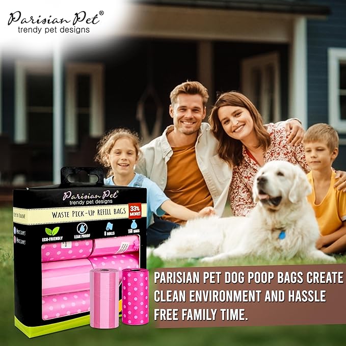 Parisian Pet Ecofriendly Dog Poop Bags Rolls - 160 Count Unscented Poop Bags For Dogs - Leakproof, Extra Thick, 8 Dog Waste Bags Refill Rolls - Stripes Dots Pink Doggie Poop Bags