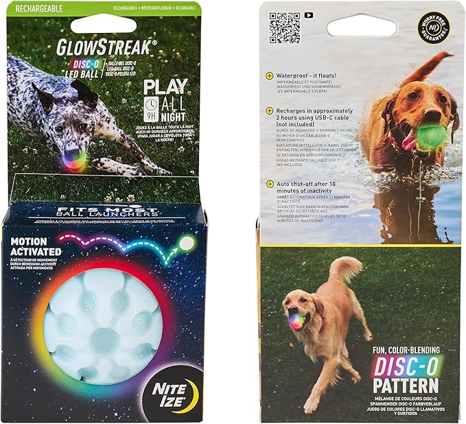 Nite Ize GlowStreak Rechargeable LED Ball - Rubber Dog Toy - Motion-Activated & Waterproof Design - 9 Hours of Runtime - Premium Dog Toys - Disc-O