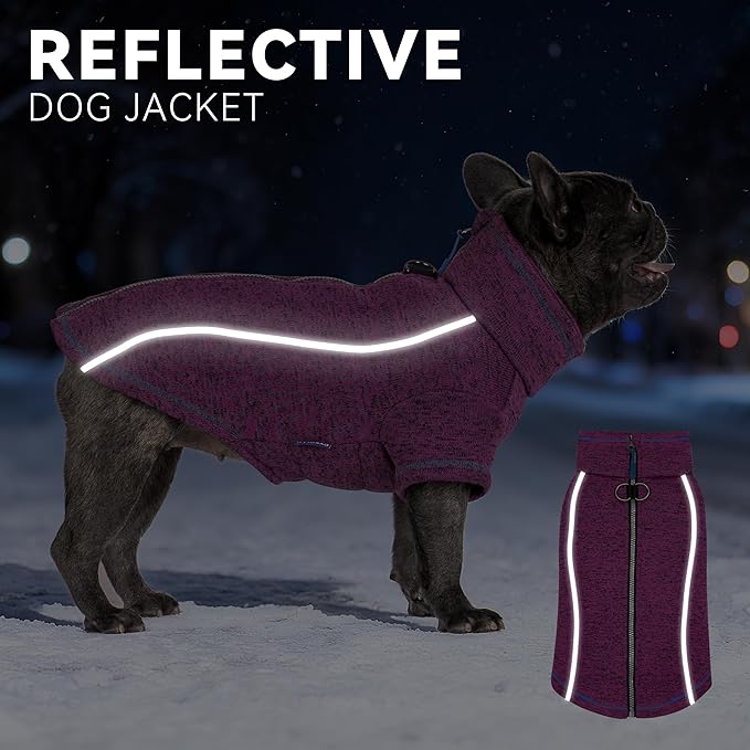 cyeollo Warm Dog Sweater with Zipper, Doggy Reflective Highneck Jackets with D Ring Step in Dog Winter Coats Fleece Female Stretchy Dogs Sweaters Pet Clothes for Small Dogs, Purple M