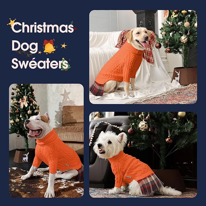 IECOii Girl Dog Sweater Dress, Great Dane Sweaters for Girl Dogs, Orange, 5XL, Extra Large Dog Sweater for Female Dogs Pet Winter Dress for Giant Breeds - Xmas Turtleneck Knitwear for Cold Weather