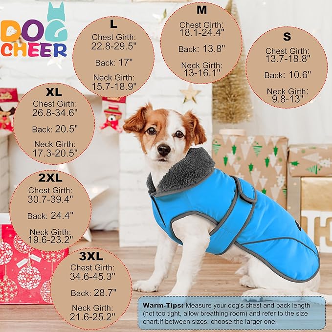 Dogcheer Dog Coat, Waterproof Dog Jacket Reflective Pet Winter Coat with Adjustable Hook & Loop, Christmas Puppy Fleece Jacket Warm Turtleneck Snowsuit for Small Medium Large Dogs - Sky Blue, L
