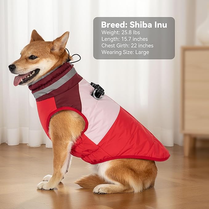 Dog Coat, Waterproof Dog Winter Coats for Small Dogs, Reflective Dogs Jacket with Harness Built in, Zip-up Cold Weather Coats Pet Vest Turtleneck Doggy Snowsuit, Red Medium