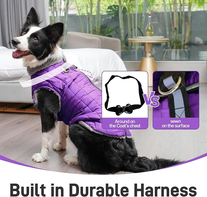 Warm Fleece Dog Coats with Durable Harness Buitl in D-Ring,Waterproof Doggie Jacket for Medium Dogs,Dog Vest for Cold Winter,Purple L