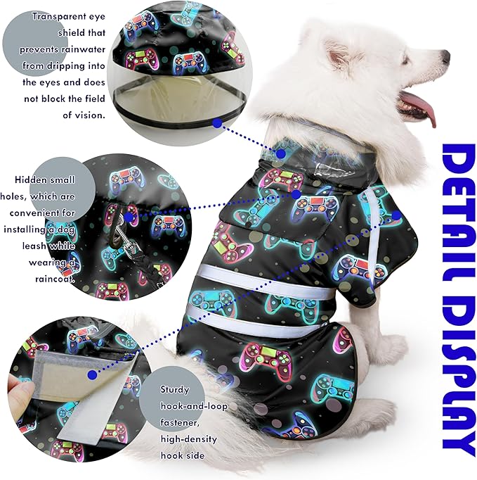 Dog Raincoat, Adjustable Rain Jacket with Hooded Double Layer for Large Medium Small Dogs Puppies, Lightweight Waterproof Rain Coat Poncho with Reflective Stripe Game Controller Black,S