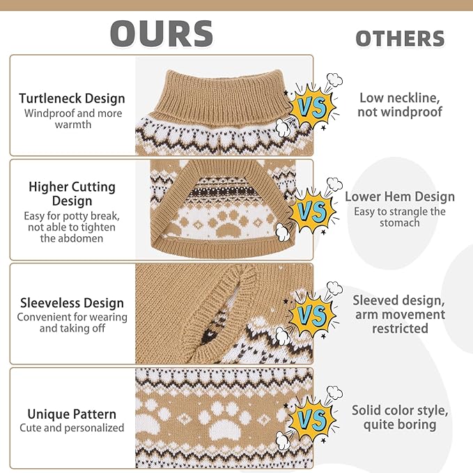 KOOLTAIL Cable Knit Dog Sweater Turtleneck, Cold Weather Pullover Classic Knitwear, Cute Paws Pattern Thick Warm Winter Pet Clothes, Dog Christmas Sweater for Small Medium Large Dogs Cats, Khaki S