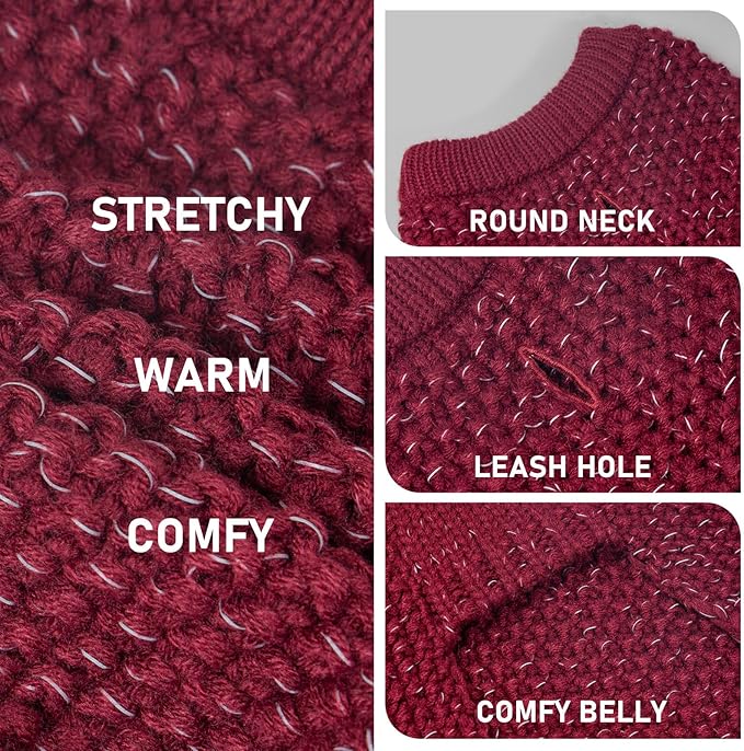 KYEESE Dog Sweater for Large Dogs with Leash Hole Warm Pullover with Reflective Yarn Male Thick Stretchy Knitwear Winter Soft Pet Coat boy for Cold Weather Comfy Dog Sweaters, Dark Red,XXX-Large