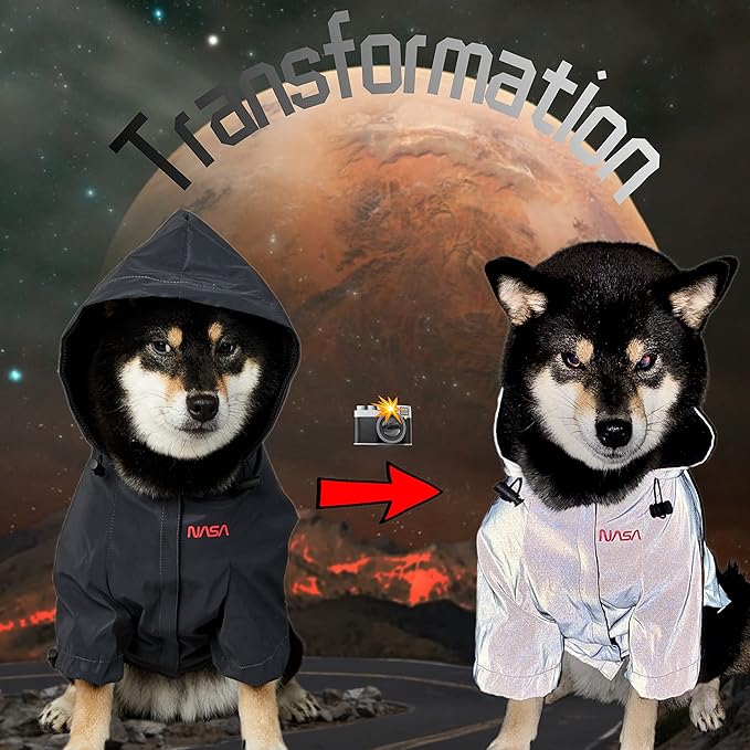 ChoChoCho NASA Dog Raincoats, Reflective Rain Jacket Water Proof, Cat & Puppy Stylish Streetwear Outfit for Dogs (Black, S)
