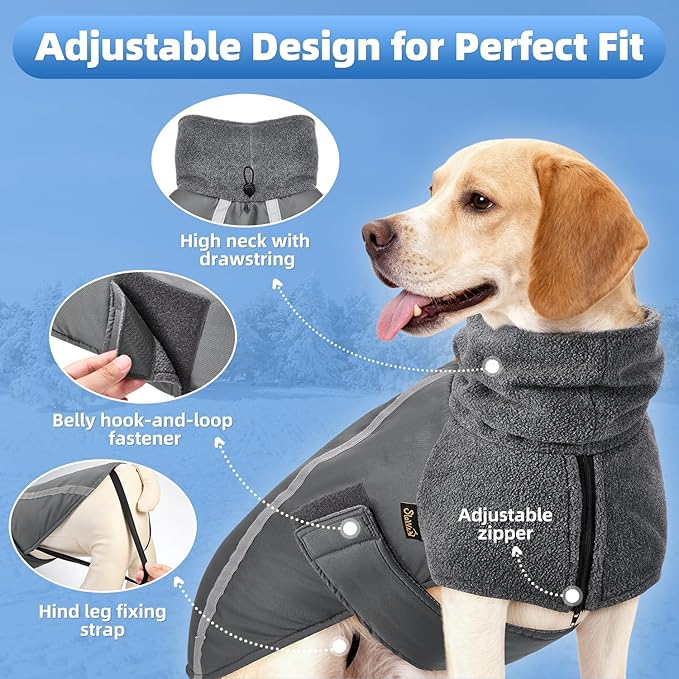 SlowTon Winter Dog Coat, Warm Polar Fleece Lining Doggie Outdoor Jacket with Turtleneck Scarf Reflective Stripe Adjustable Waterproof Windproof Puppy Vest Soft Pet Outfits (XL,Grey)