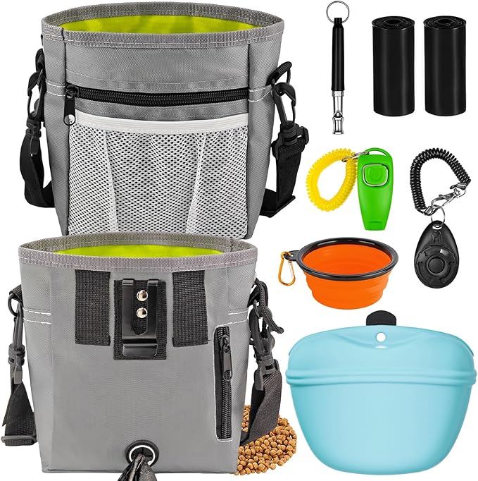 JIURUN Dog Treat Pouch for Pet Training - Dog Treat Bag (Grey) - Dog Training Kit, Dog Clicker for Training, Silicone Treat Bag, 2-in-1 Whistle Clicker, Collapsible Dog Bowl, 2 Dog Poop Bag